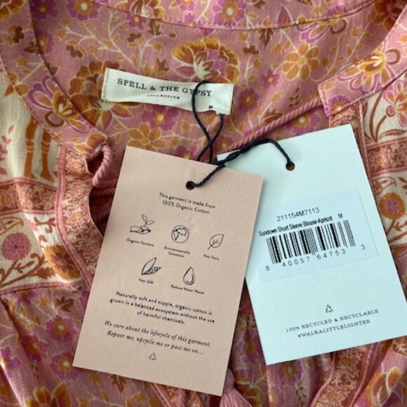 Spell Sundown Short Sleeve Blouse Apricot Floral Medium Orange Pink NWT $149 - Picture 3 of 15